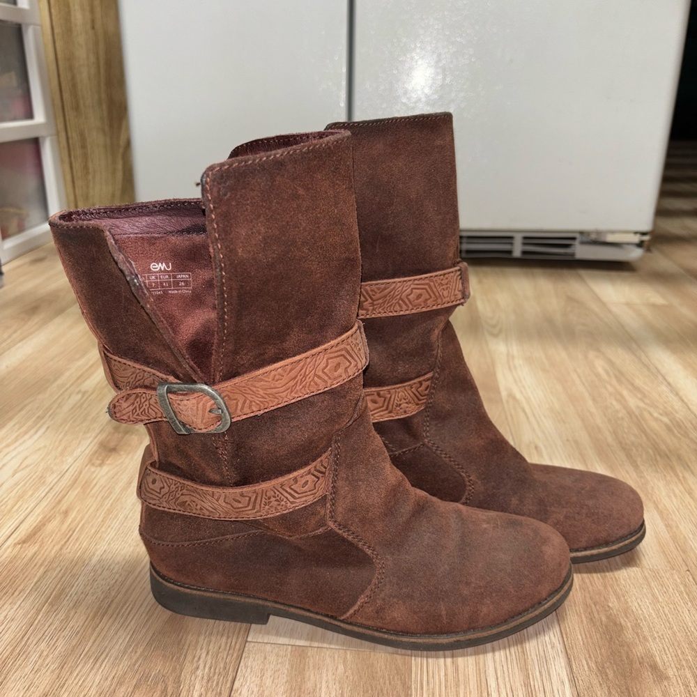 Emu suede & leather moto boots